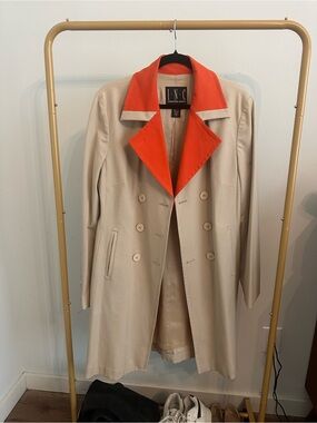 INC International Concepts Beige Trench Coat with Orange Contrast Collar